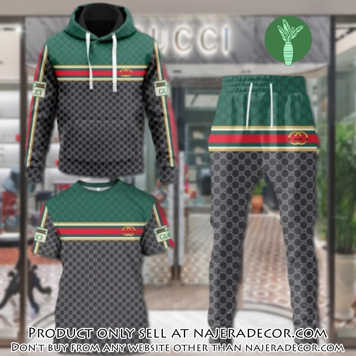 Gucci pattern unisex tshirt hoodie long pants set luxury brand clothing special gift outfit for men women njr2635589